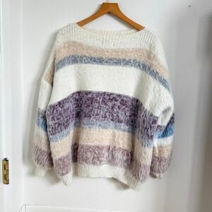 &merci Fuzzy Striped Sweater | Cozy Oversized Pastel Knit | Size M